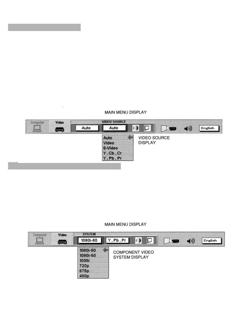 Video source select, Component video system select | Eiki LC-X984 User Manual | Page 33 / 54