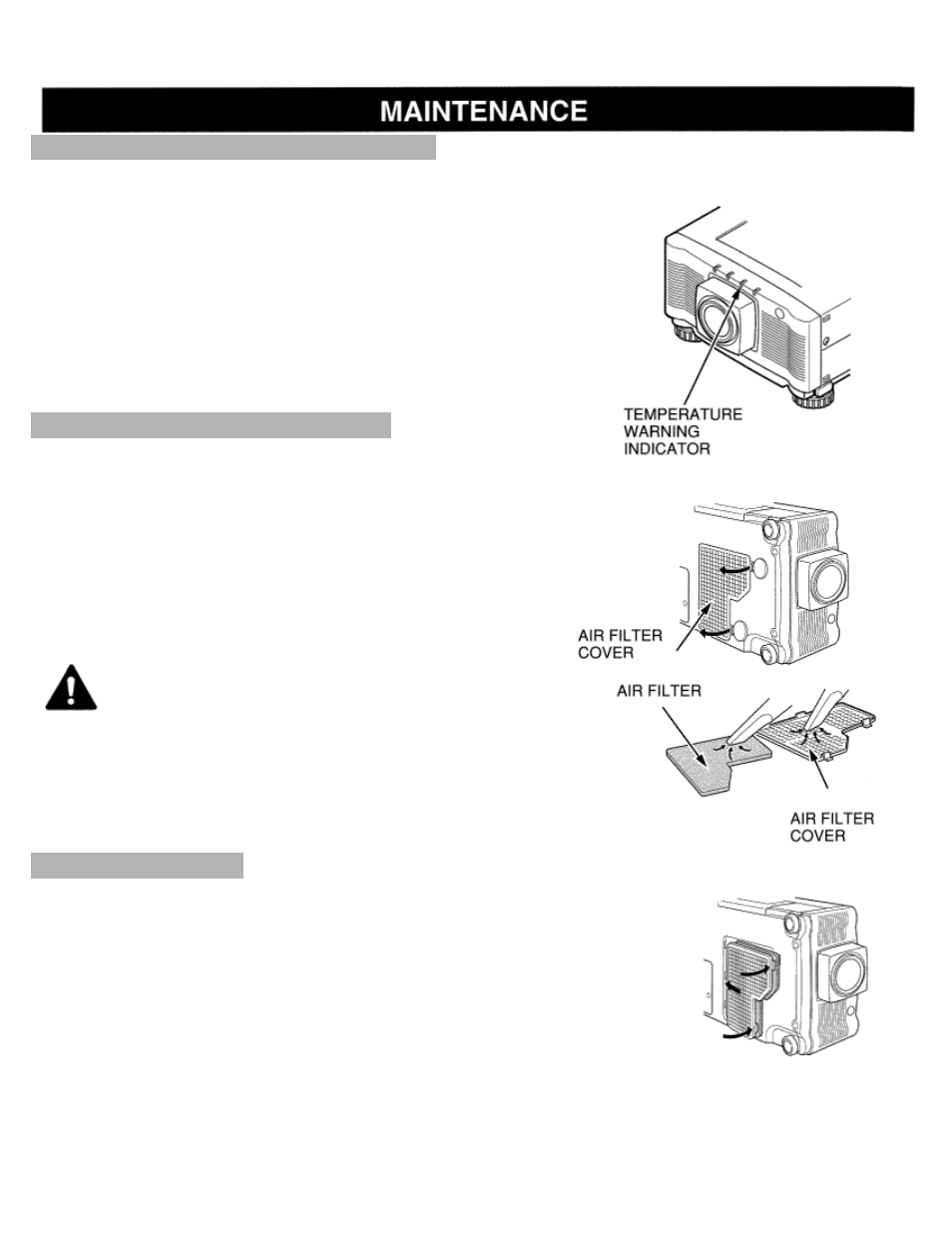 Appendix, Maintenance, Temperature warning indicator | Air filter care and cleaning, Recommendation | Eiki LC-X984 User Manual | Page 49 / 54