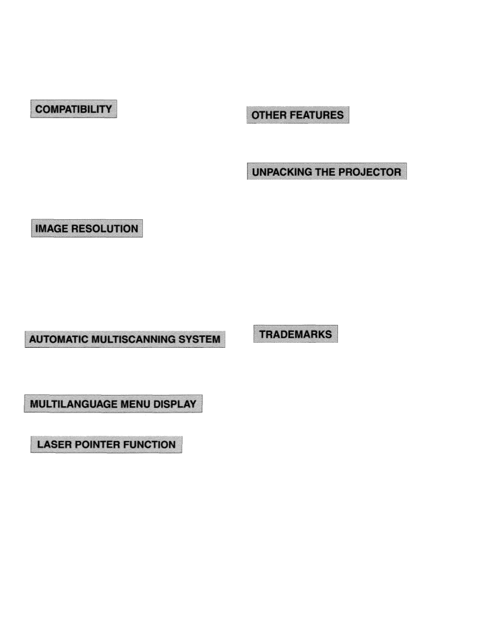 Features and design, Compatibility, Image resolution | Automatic multiscanning system, Multilanguage menu display, Laser pointer functions, Other features, Unpacking the projector, Trademarks | Eiki LC-X984 User Manual | Page 5 / 54