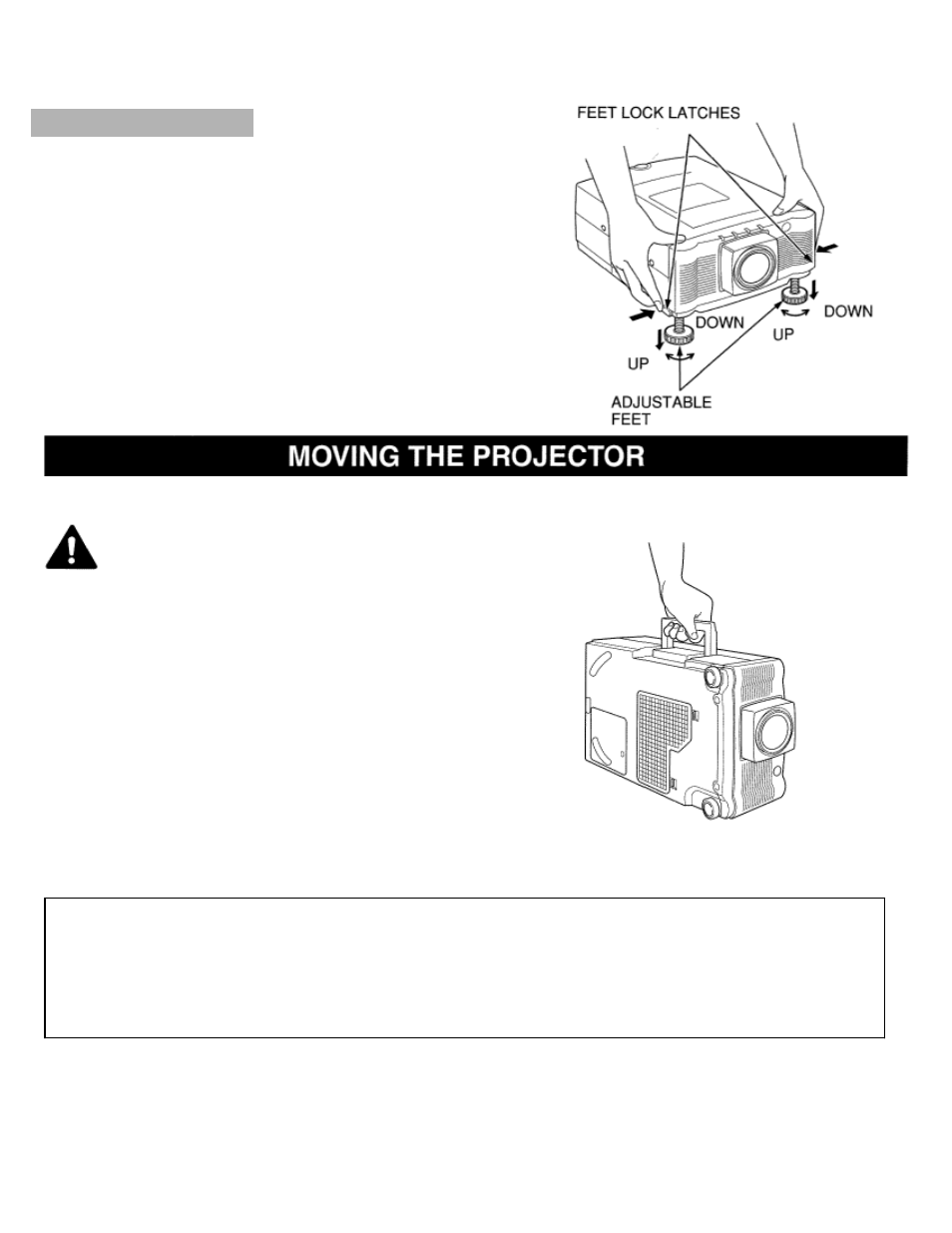 Moving the projector, Adjustable feet, Caution in carrying or transporting the projector | Eiki LC-X984 User Manual | Page 8 / 54