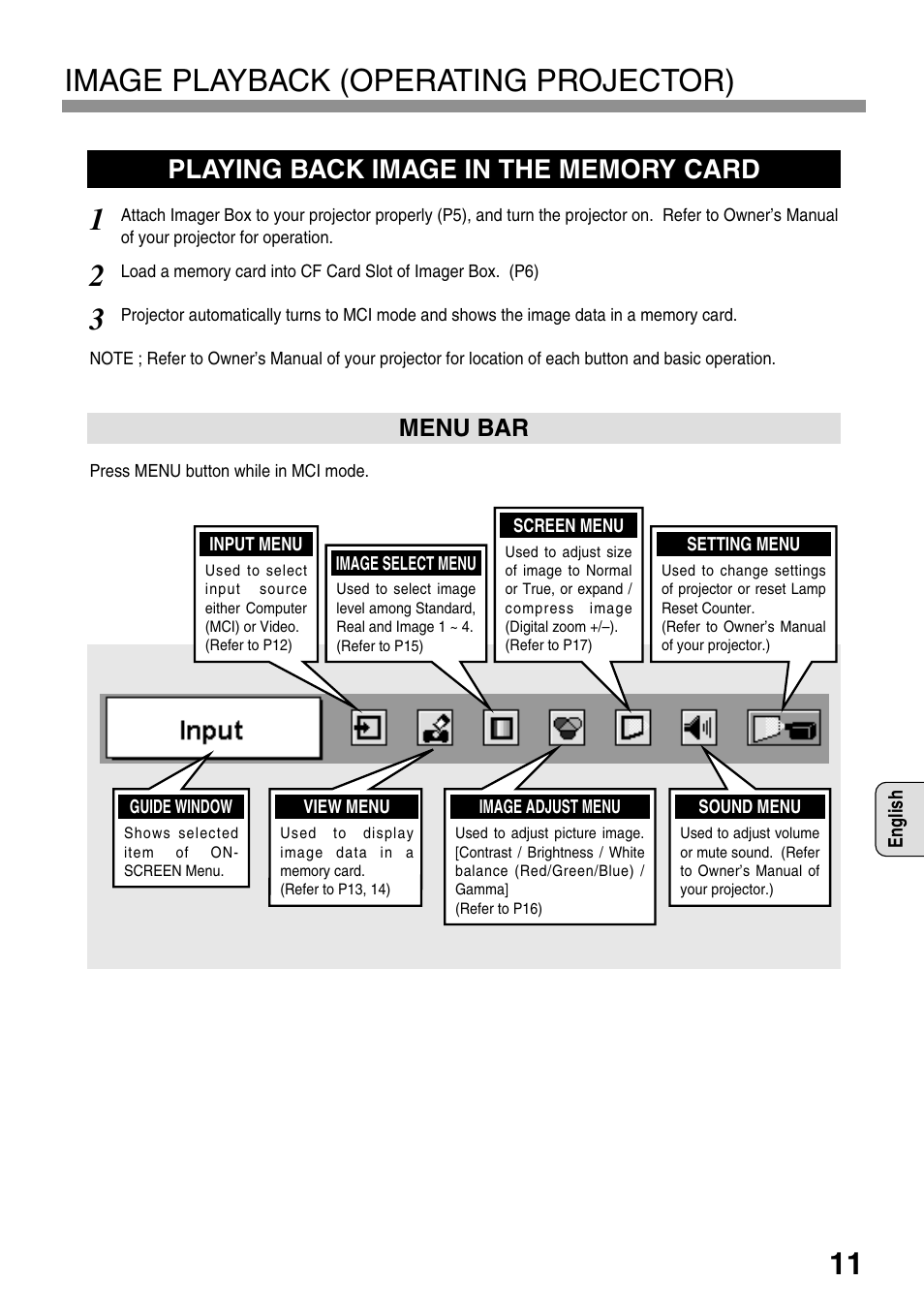 Play back image (operating projector), Playing back image in the memory card, 11 image playback (operating projector) | Menu bar | Eiki EVW-100 User Manual | Page 11 / 18