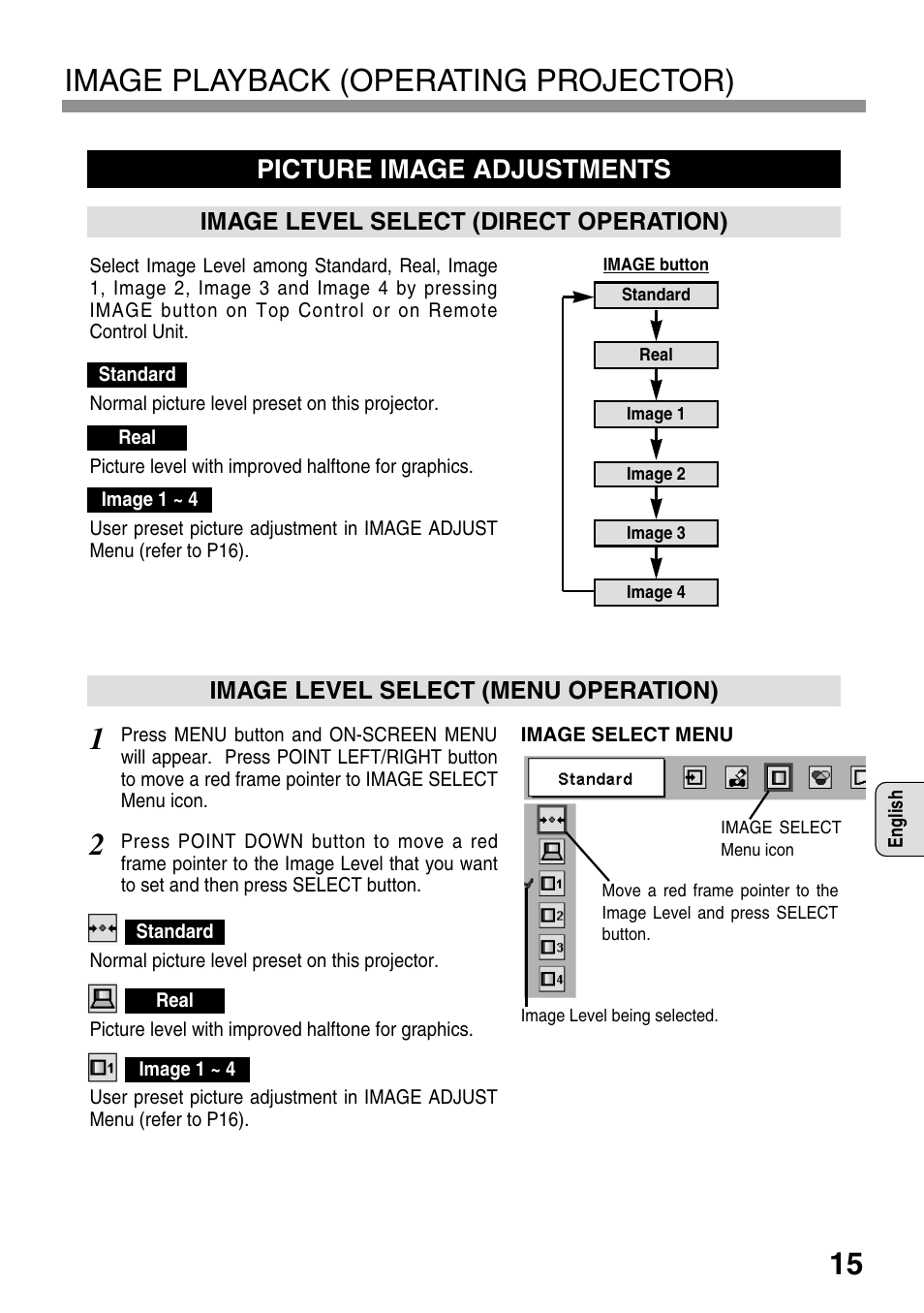 Picture image adjustment, 15 image playback (operating projector), Picture image adjustments | Image level select (menu operation), Image level select (direct operation) | Eiki EVW-100 User Manual | Page 15 / 18