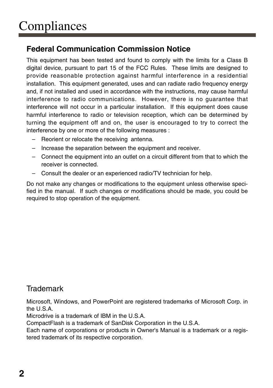 Compliances, Federal communication commission notice, Trademark | Eiki EVW-100 User Manual | Page 2 / 18