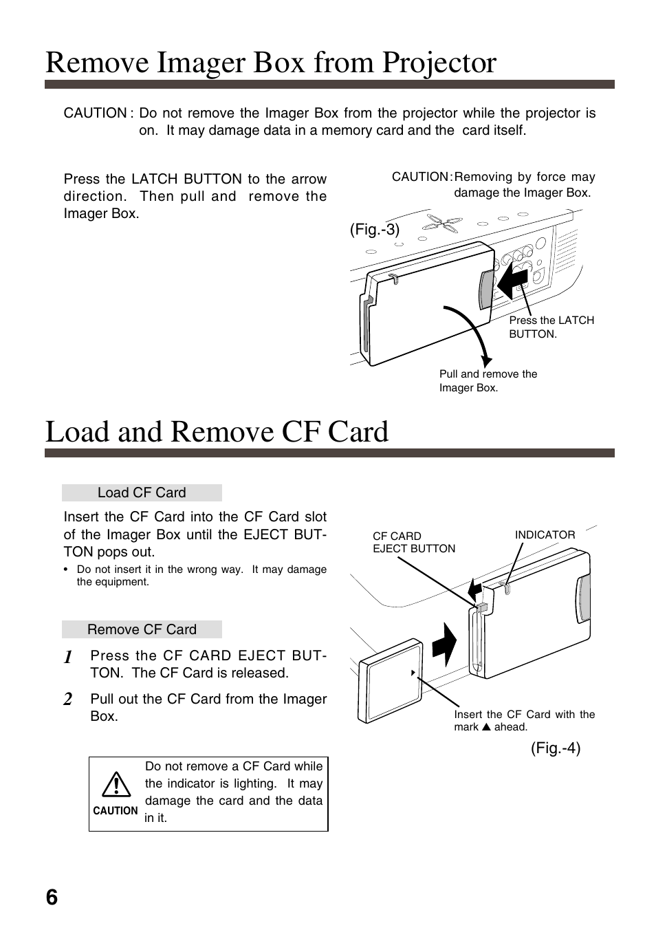 Remove imager box from projector, Load and remove cf card | Eiki EVW-100 User Manual | Page 6 / 18