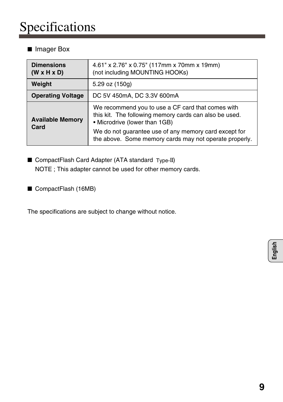 Specifications | Eiki EVW-100 User Manual | Page 9 / 18