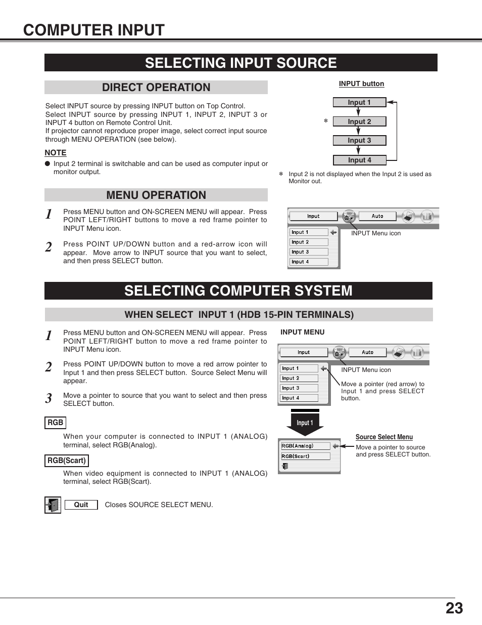 Computer input, Selecting input source, Selecting computer system | 23 computer input, Direct operation, Menu operation | Eiki LC-X50 User Manual | Page 23 / 56