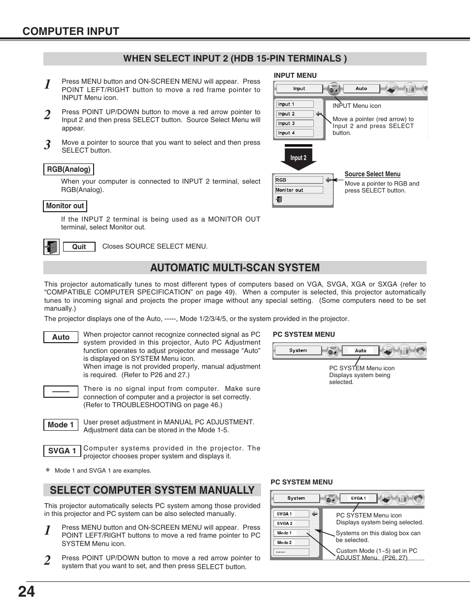 Computer input, Select computer system manually, Automatic multi-scan system | Eiki LC-X50 User Manual | Page 24 / 56