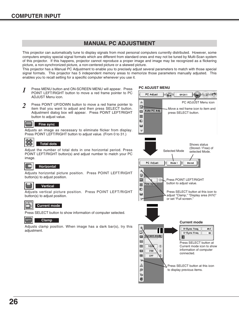 Manual pc adjustment, Computer input manual pc adjustment | Eiki LC-X50 User Manual | Page 26 / 56