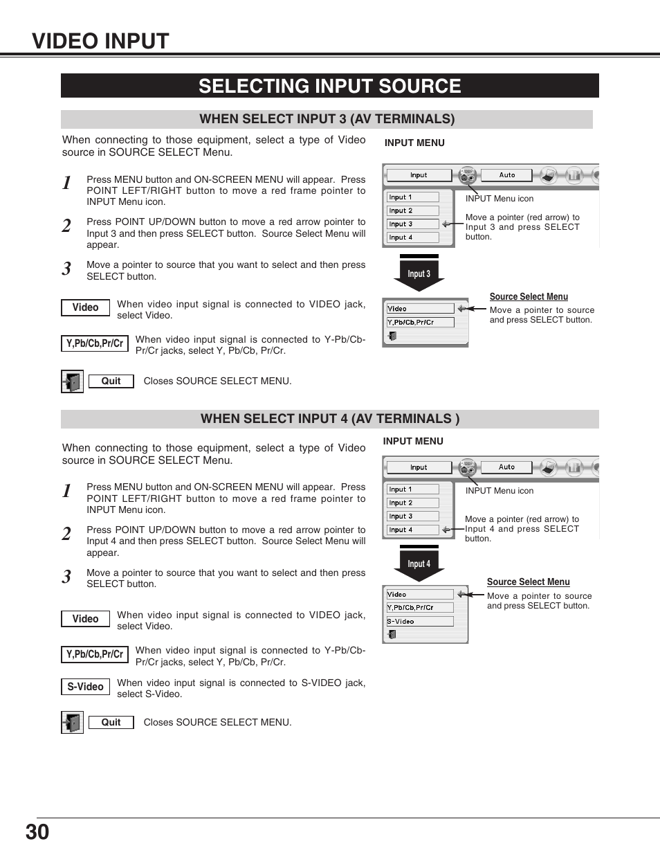Video input, Selecting input source, 30 video input | Eiki LC-X50 User Manual | Page 30 / 56