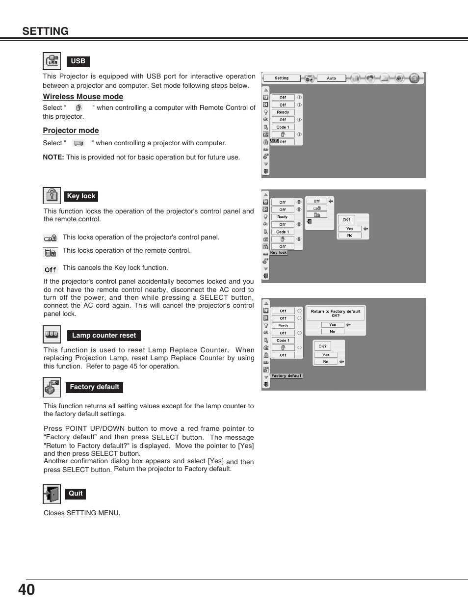 Setting | Eiki LC-X50 User Manual | Page 40 / 56