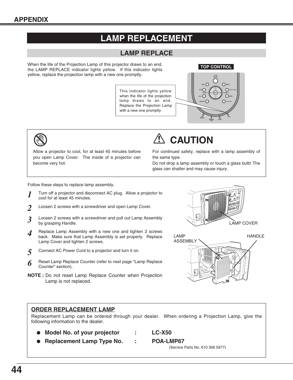 Lamp replacement, Caution | Eiki LC-X50 User Manual | Page 44 / 56