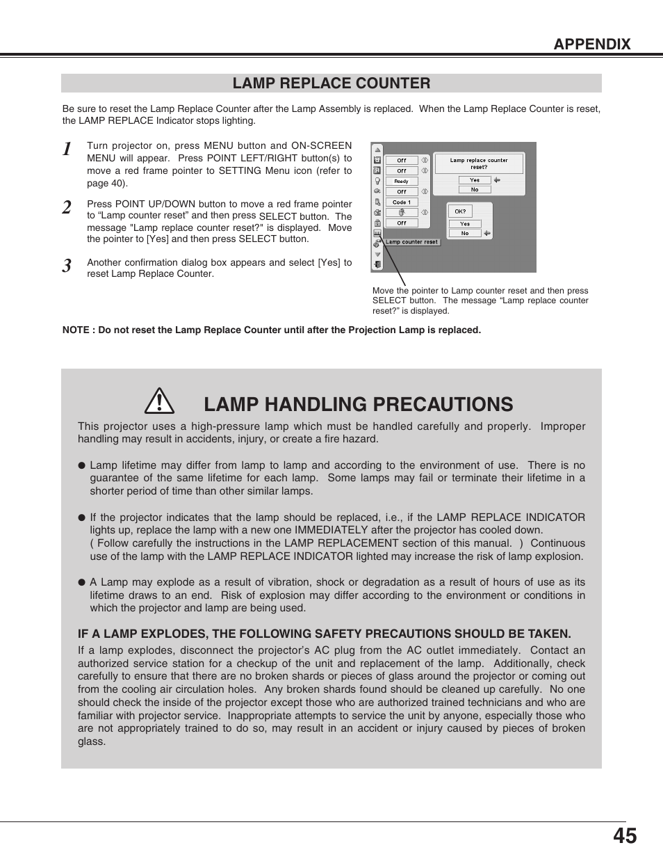 Lamp replace counter, Lamp handling precautions | Eiki LC-X50 User Manual | Page 45 / 56