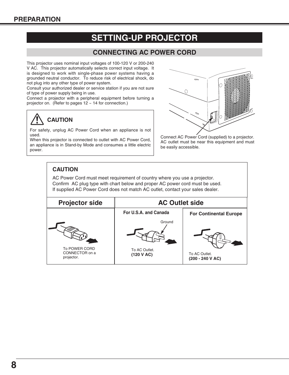 Setting-up projector, Connecting ac power cord, Preparation | Projector side ac outlet side | Eiki LC-X50 User Manual | Page 8 / 56