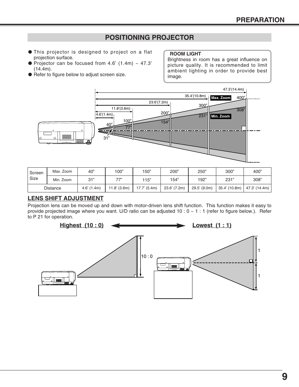 Positioning projector, Preparation positioning projector, Lens shift adjustment | Eiki LC-X50 User Manual | Page 9 / 56