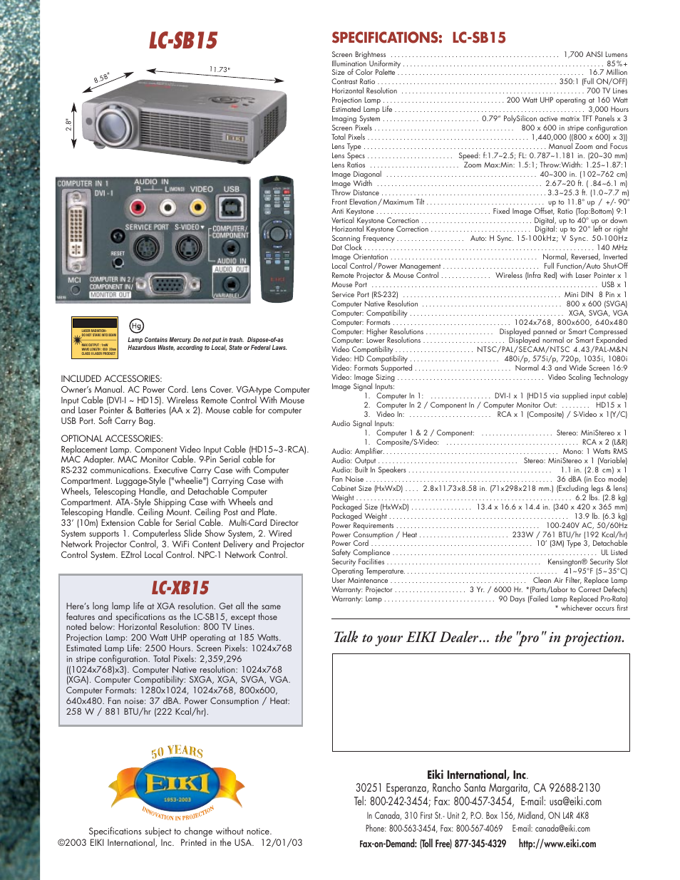 Lc-sb15, Lc-xb15, Specifications: lc-sb15 | Eiki LC-XB15 User Manual | Page 2 / 2