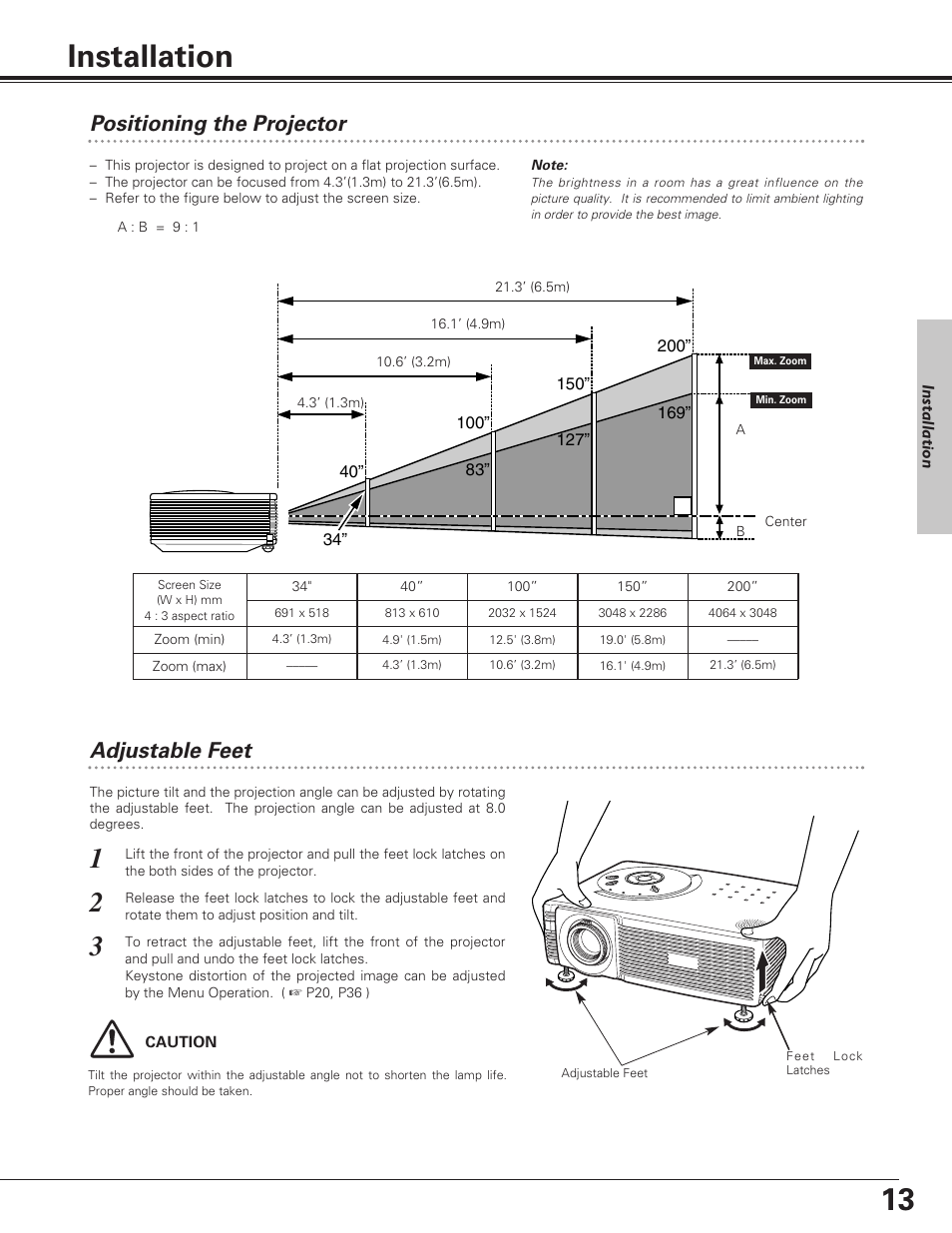 Installation, Positioning the projector, Adjustable feet | Eiki LC-SD12 User Manual | Page 13 / 52