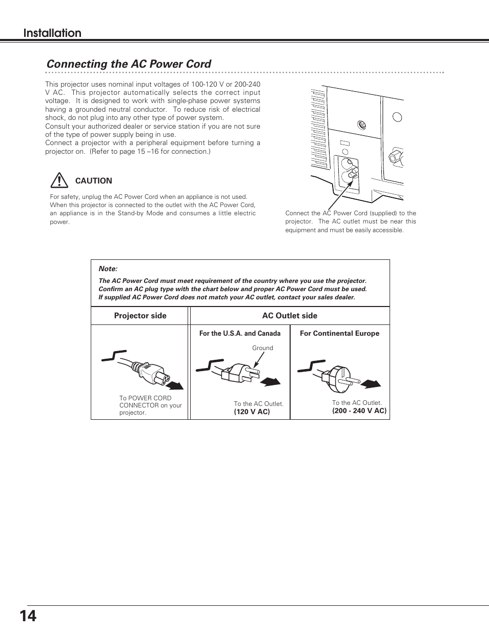 Connecting the ac power cord, Connecting the ac power cord installation | Eiki LC-SD12 User Manual | Page 14 / 52