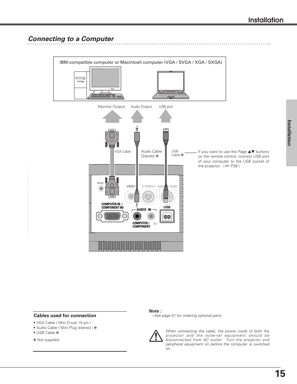 Connecting to a computer, Installation | Eiki LC-SD12 User Manual | Page 15 / 52