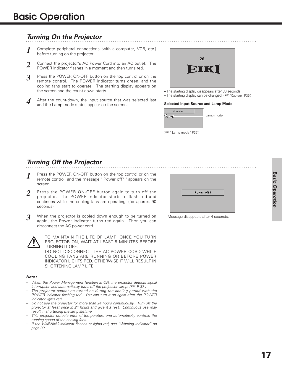 Basic operation, Turning on the projector, Turning off the projector | Eiki LC-SD12 User Manual | Page 17 / 52