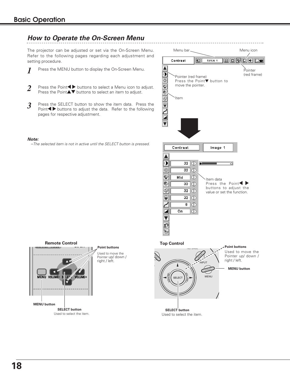 How to operate the on-screen, How to operate the on-screen menu, Basic operation | Eiki LC-SD12 User Manual | Page 18 / 52