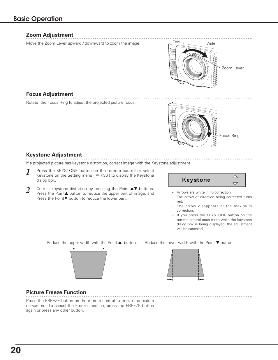Zoom adjustment, Focus adjustment, Keystone adjustment | Picture freeze function, Basic operation | Eiki LC-SD12 User Manual | Page 20 / 52