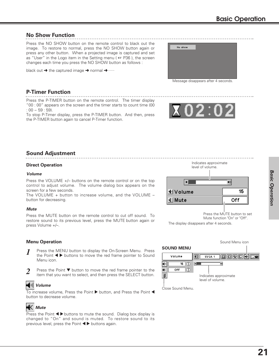 No show function, P-timer function, Sound adjustment | Basic operation | Eiki LC-SD12 User Manual | Page 21 / 52