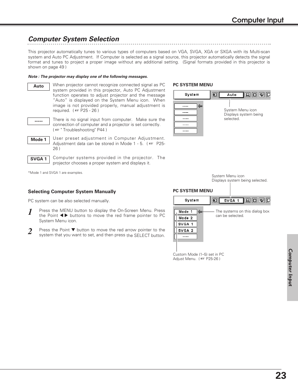 Computer system selection, Computer input computer system selection | Eiki LC-SD12 User Manual | Page 23 / 52