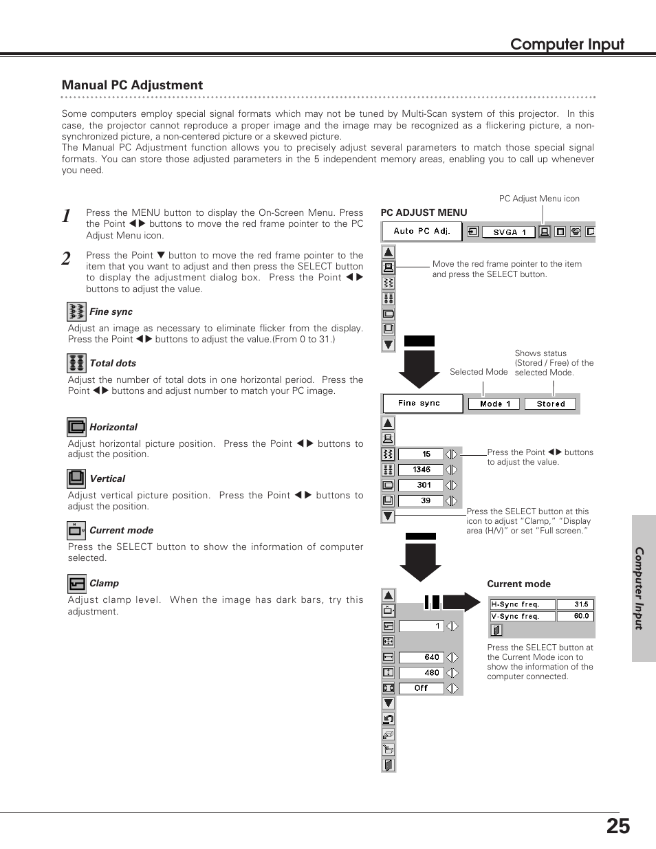 Manual pc adjustment, Computer input | Eiki LC-SD12 User Manual | Page 25 / 52