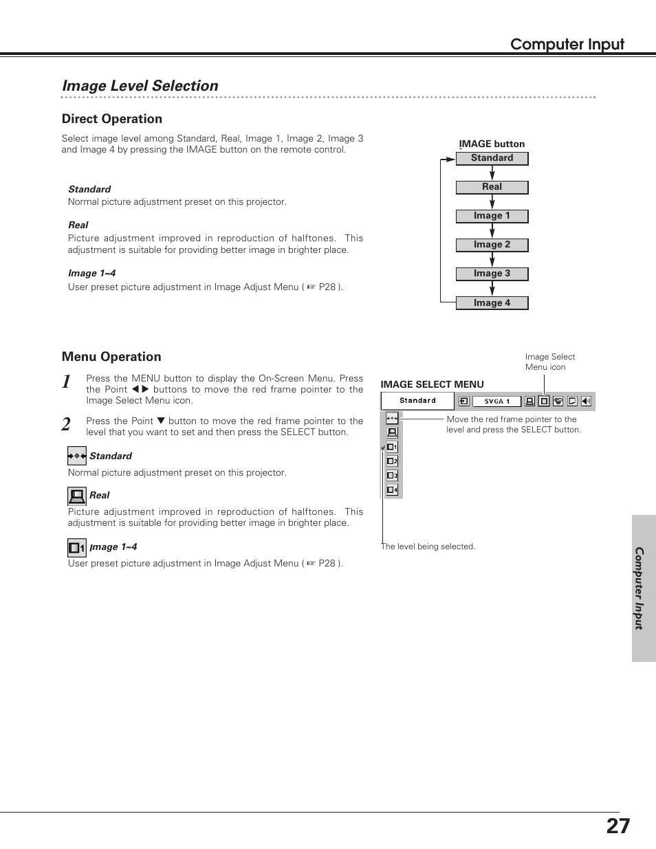 Image level selection, Computer input | Eiki LC-SD12 User Manual | Page 27 / 52