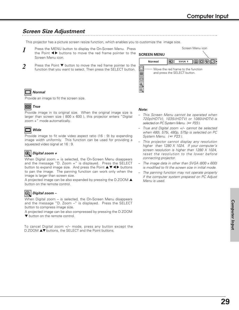 Screen size adjustment, Computer input screen size adjustment | Eiki LC-SD12 User Manual | Page 29 / 52