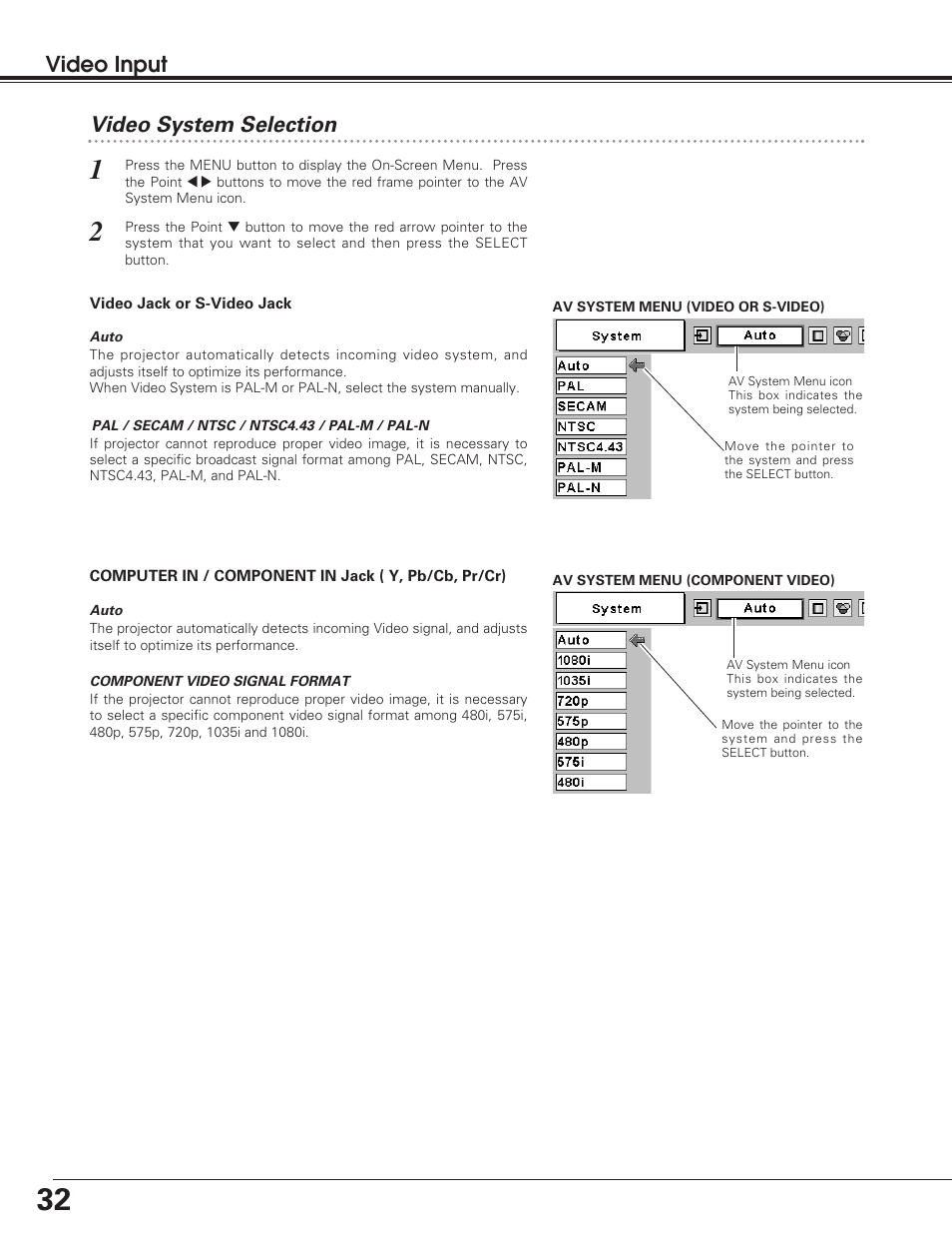 Video system selection, Video input | Eiki LC-SD12 User Manual | Page 32 / 52