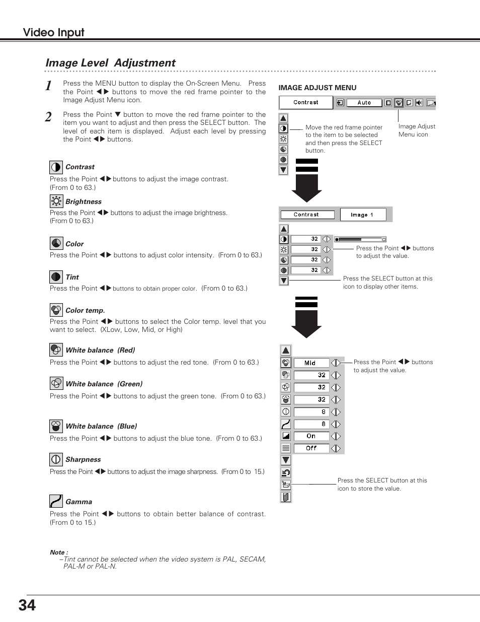 Image level adjustment, Video input | Eiki LC-SD12 User Manual | Page 34 / 52