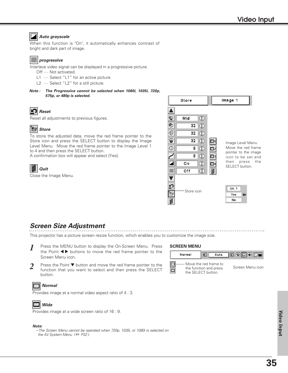 Screen size adjustment, Video input | Eiki LC-SD12 User Manual | Page 35 / 52