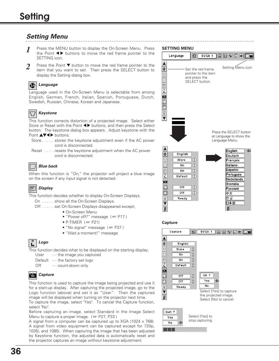 Setting, Setting menu | Eiki LC-SD12 User Manual | Page 36 / 52