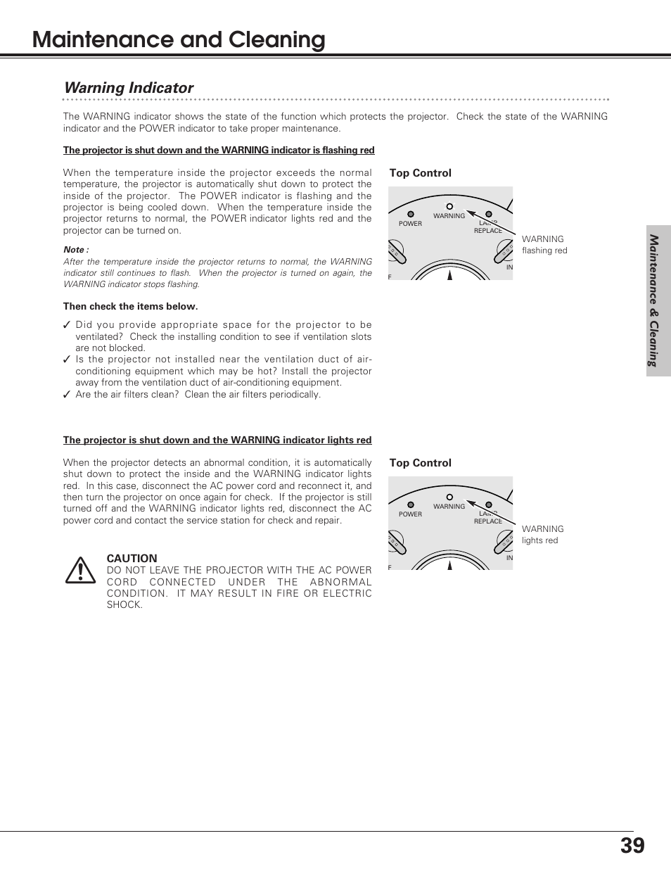 Maintenance and cleaning, Warning indicator, Maintenance & cleaning | Eiki LC-SD12 User Manual | Page 39 / 52