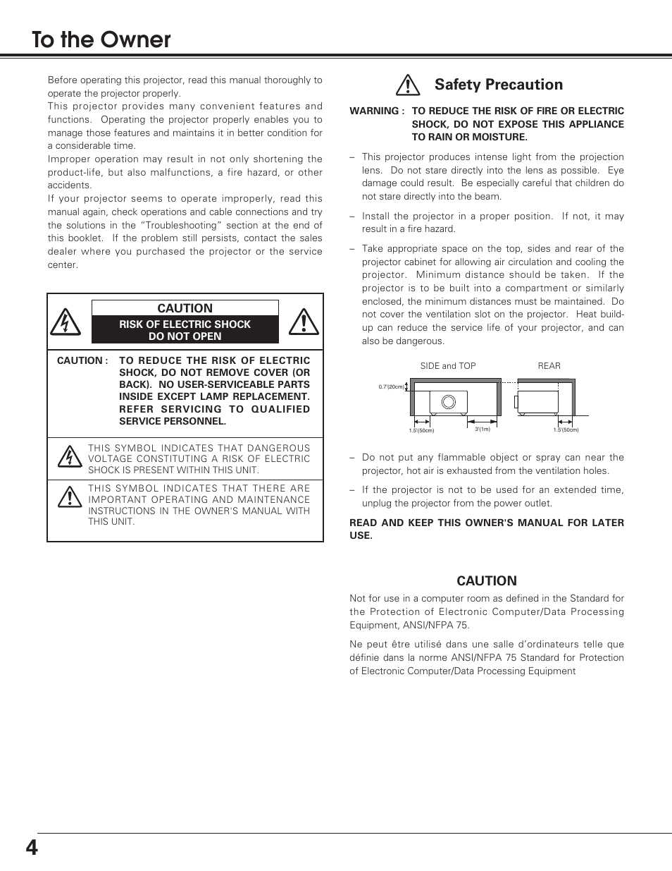 To the owner, Safety precaution, Caution | Eiki LC-SD12 User Manual | Page 4 / 52