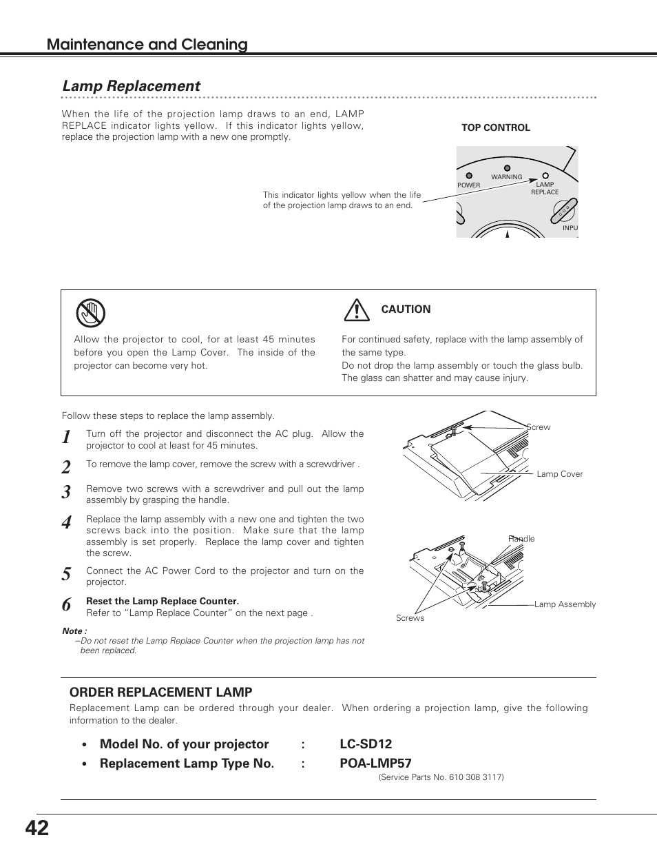 Lamp replacement, Lamp replacement maintenance and cleaning | Eiki LC-SD12 User Manual | Page 42 / 52