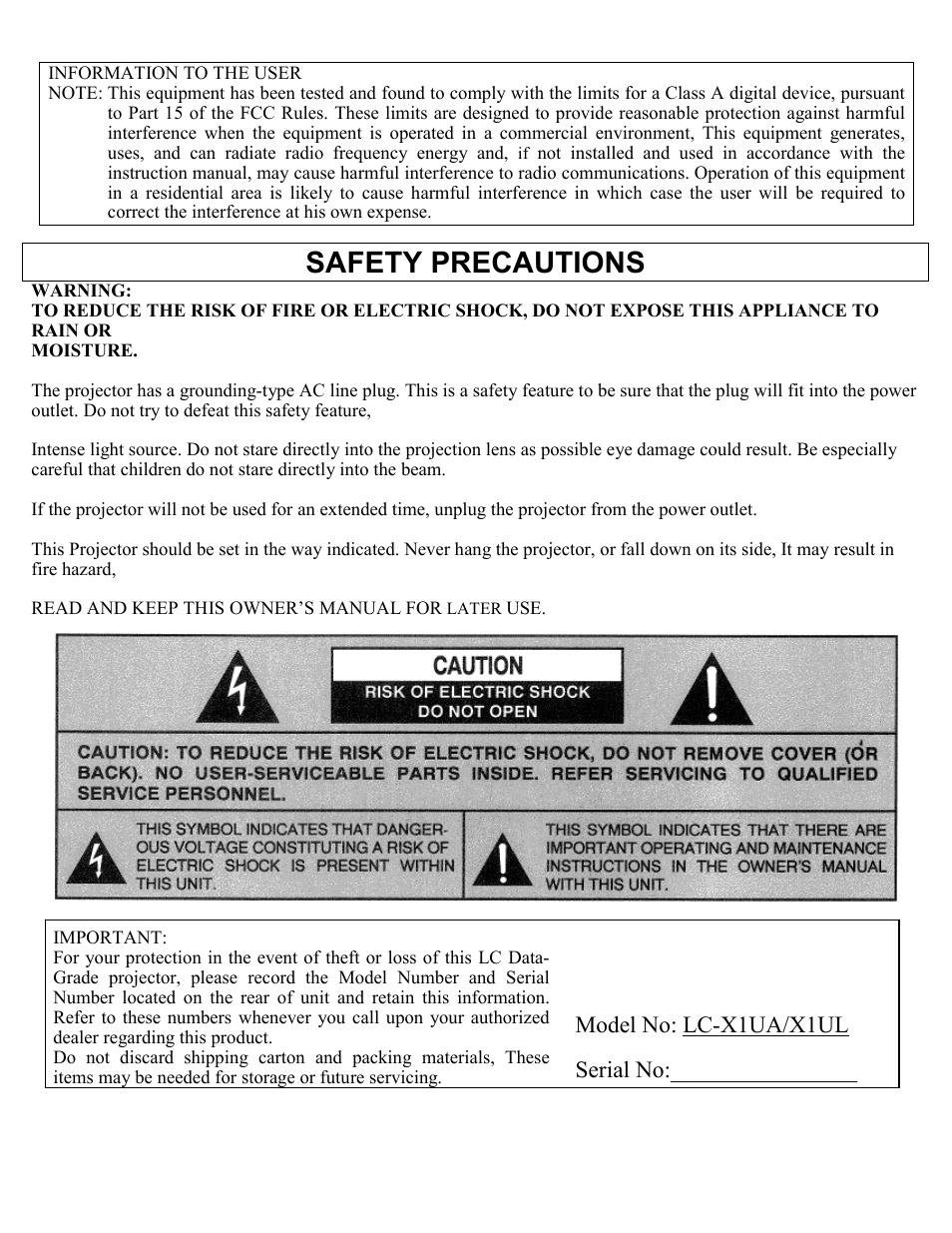 Safety precautions, Model no: lc-x1ua/x1ul serial no | Eiki Multimedia Projector LC-X1UA User Manual | Page 2 / 56