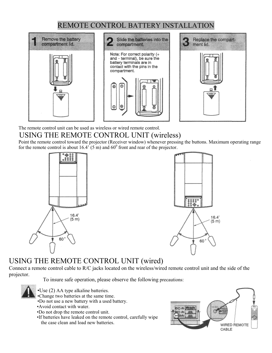 Remote control, Using the remote control unit (wireless), Using the remote control unit (wired) | Battery installation | Eiki Multimedia Projector LC-X1UA User Manual | Page 25 / 56