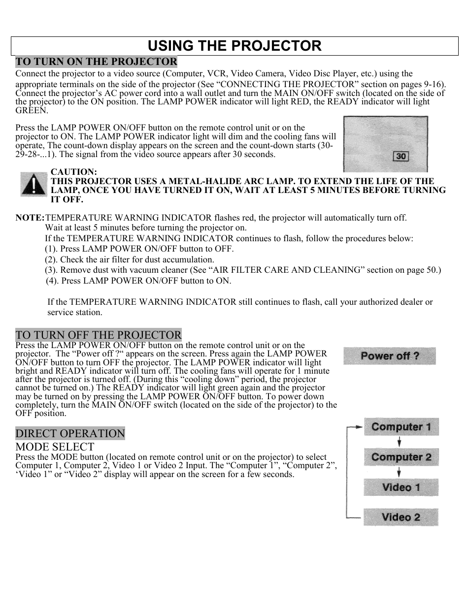 Using the projector, To turn on the projector, To turn off the projector | Direct operation, Mode select, Direct operation mode select | Eiki Multimedia Projector LC-X1UA User Manual | Page 29 / 56