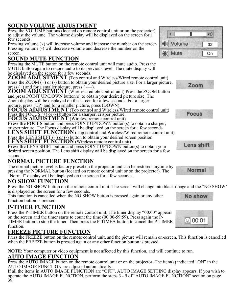 Sound volume adjustment, Sound mute function, Zoom adjustment | Focus adjustment, Lens shift function, Normal picture function, No show function, P-timer function, Freeze picture function, Auto image function | Eiki Multimedia Projector LC-X1UA User Manual | Page 30 / 56