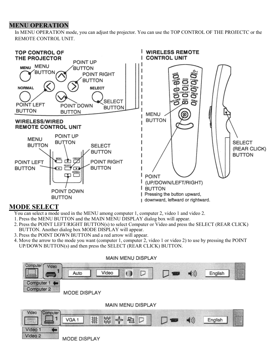 Menu operation, Mode select | Eiki Multimedia Projector LC-X1UA User Manual | Page 31 / 56