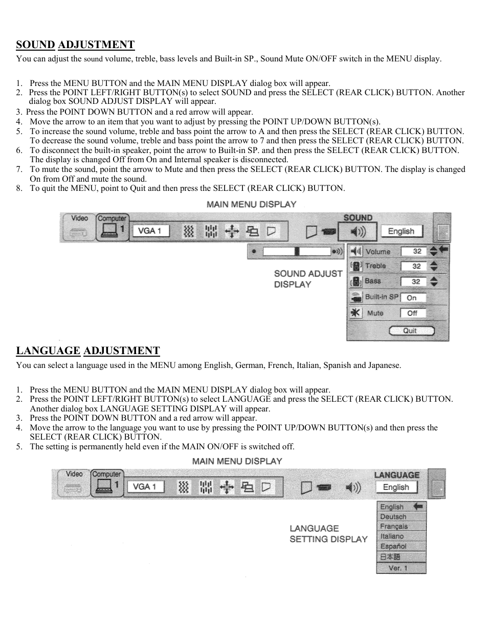 Sound adjustment, Language adjustment | Eiki Multimedia Projector LC-X1UA User Manual | Page 32 / 56