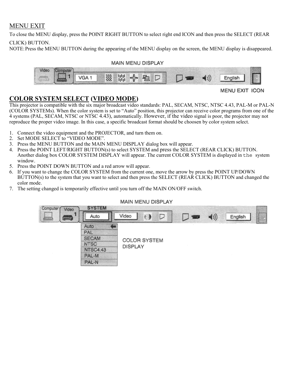 Menu exit, Color system select, Color system select (video mode) | Eiki Multimedia Projector LC-X1UA User Manual | Page 33 / 56