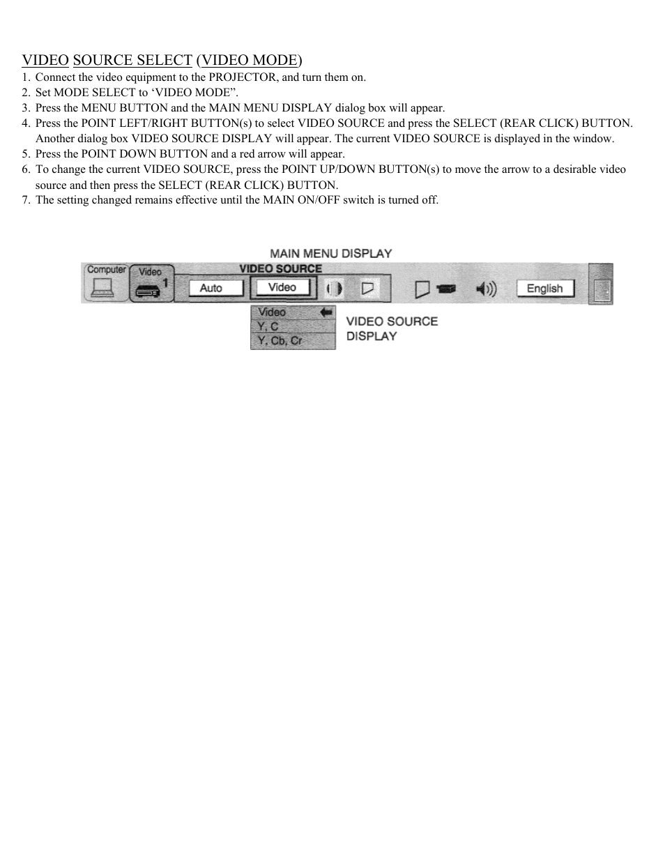 Video source adjustment, Video source select (video mode) | Eiki Multimedia Projector LC-X1UA User Manual | Page 34 / 56