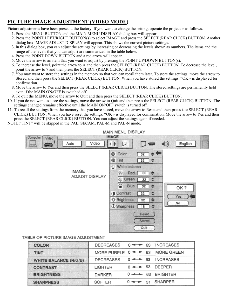 Picture image adjustment, Picture image adjustment (video mode) | Eiki Multimedia Projector LC-X1UA User Manual | Page 35 / 56