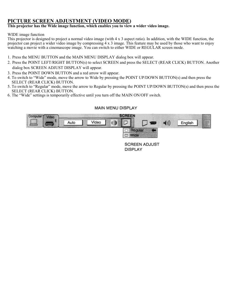 Picture screen adjustment, Picture screen adjustment (video mode) | Eiki Multimedia Projector LC-X1UA User Manual | Page 36 / 56
