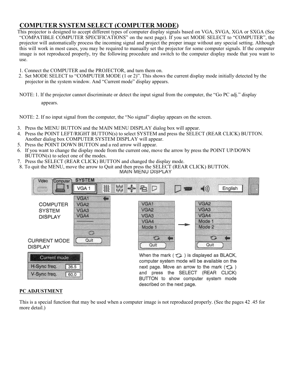 Computer system select, Computer system select (computer mode) | Eiki Multimedia Projector LC-X1UA User Manual | Page 37 / 56