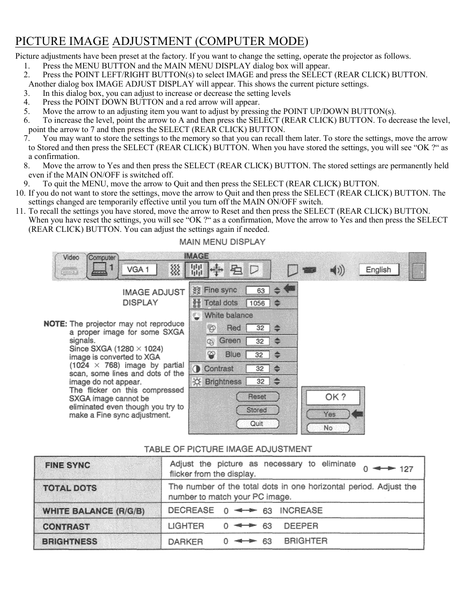 Picture image adjustment, Picture image adjustment (computer mode) | Eiki Multimedia Projector LC-X1UA User Manual | Page 40 / 56