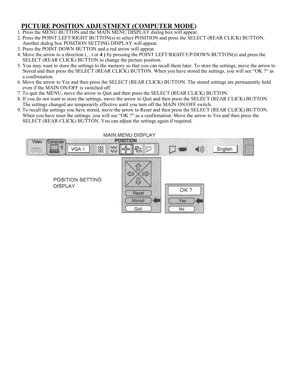 Picture position adjustment, Picture position adjustment (computer mode) | Eiki Multimedia Projector LC-X1UA User Manual | Page 41 / 56
